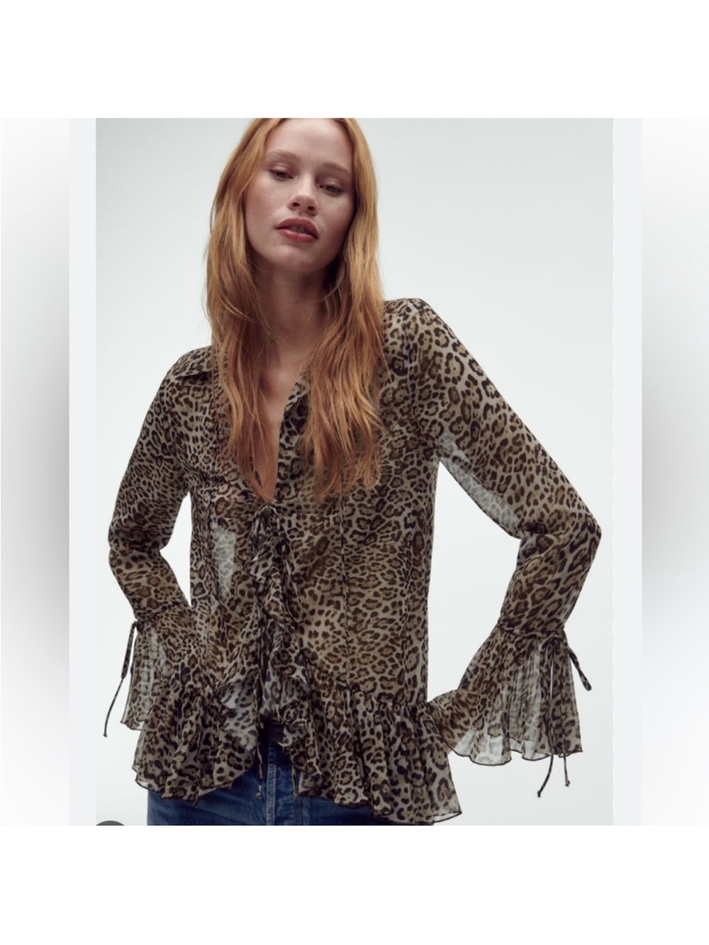 NWT Zara woman Leopard Ruffle Tie-Front Blouse - Brown